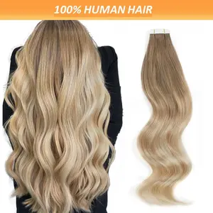 Hot Fashionable 20pcs (50g Total) Human Hair Tape-In Extensions - Balayage Light Chestnut Brown to Dirty Blonde/Platinum Blonde Ombre, Seamless Blending for Natural Look - for Halloween, Cosplay, Everyday Hairstyles - Suitfor All Hair Types & Ethnicities