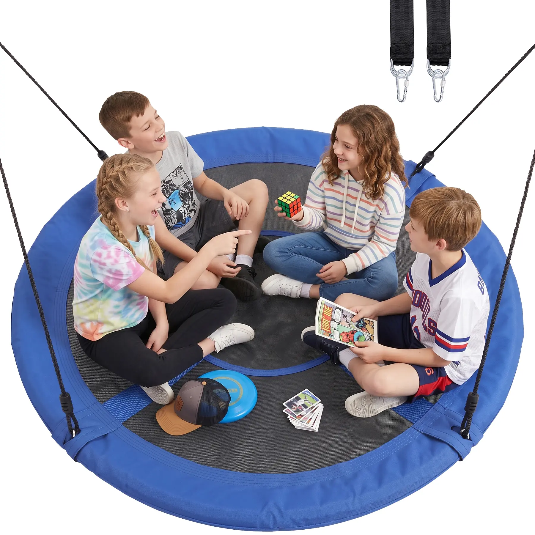 SUPERDEAL 60-in Round Saucer Swing, 660lbs Large Fabric Outdoor Play Equipment, Kids' Safe Playground Gear with 2 Hanging Straps, Adjustable Rope, Blue Lawn Playground Equipment