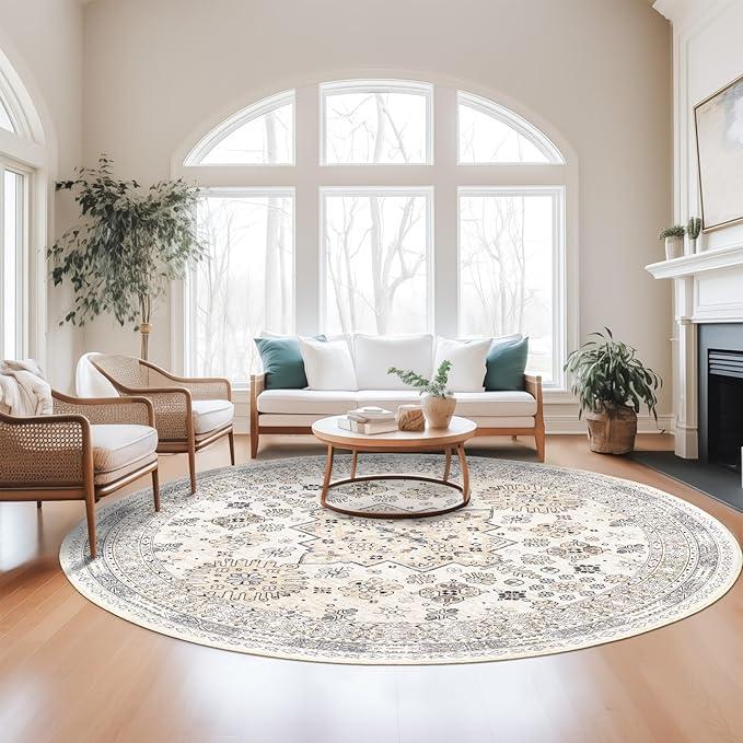 Vintage Round Rug Boho Round Rugs for Living Room Non-Slip Washable Ultra-Thin Large Circle Rugs Soft Low Pile Rug for Bedroom Kitchen