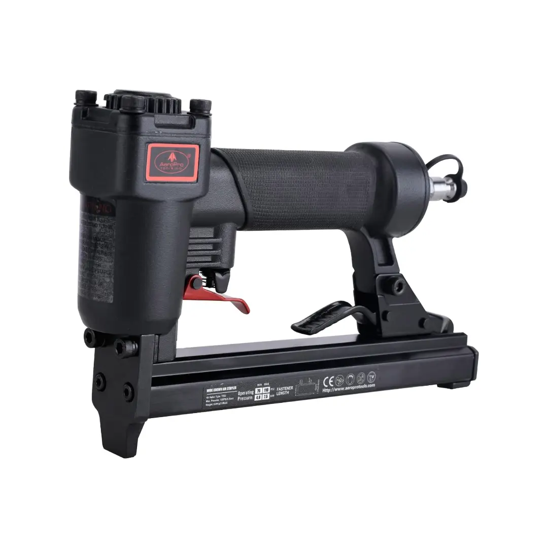 Aeropro T50J-20Gauge Compact Pneumatic Wide Crown Staple Gun - Adjustable Lightweight Power Tool with Exhaust Adjust, Easy Load Magazine, 180-Nail Mag, Overmold Grip, for Upholstery, Woodworking Projects, 1/4-in to 9/16-in Staples, Nails Compatibility