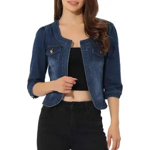 Denim Jacket for Women's Collarless 2025 Cardigan 3/4 Sleeve Crop Jean Jackets