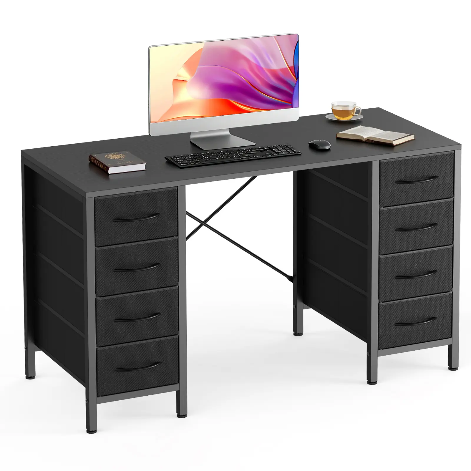 Sweetcrispy Gaming Desk with 8 Fabric Drawers, X-Shaped Reinforced Structure - Office Writing Study Table with Storage, Desks for Gaming, Gaming Desks