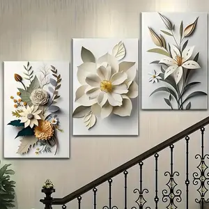 Floral Pattern Wooden Frame Canvas Painting, 3-Piece Modern Art Wall Decoration Set, Home Living Room Bedroom Office Decorative Painting