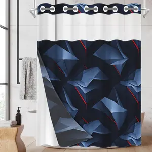 1pc hookless shower curtain with buckle lining, blue and red geometric 3D patchwork design, 2D flat printing, waterproof fabric lining, see-through double-layer shower curtain, 71 x 74 inches, modern home draping curtain.