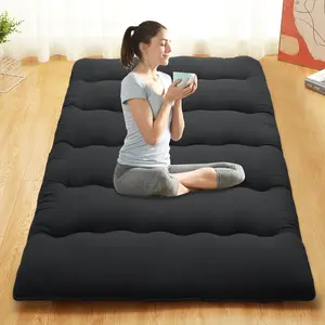 GARVEE Japanese Futon Mattress Queen Size - Comfortable Japanese Style Floor Mattress for Adults and Kids, Roll-Up Tatami Mat for Sleeping, Camping, and Relaxation in Wave Black