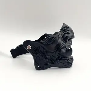 Japanese Oni Mask PG657372 - Black Resin Demon Face with Horns & Teeth Realistic Noh Theater Costume for Themed Parties Outdoor Use Anime Halloween Mask Cool Creepy Ha Room