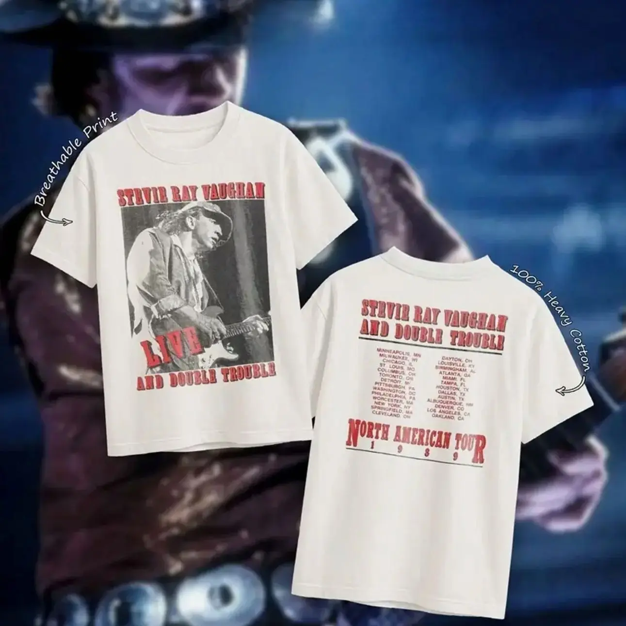 Stevie Ray Vaughan SRV Double Trouble 1989 North American Tour Graphic T-Shirt, Blues Rock Music Shirt for Fans