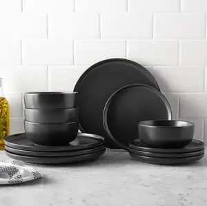 Alessandra Matte Black 12-Piece Stoneware Dinnerware Set Cutlery Stylish