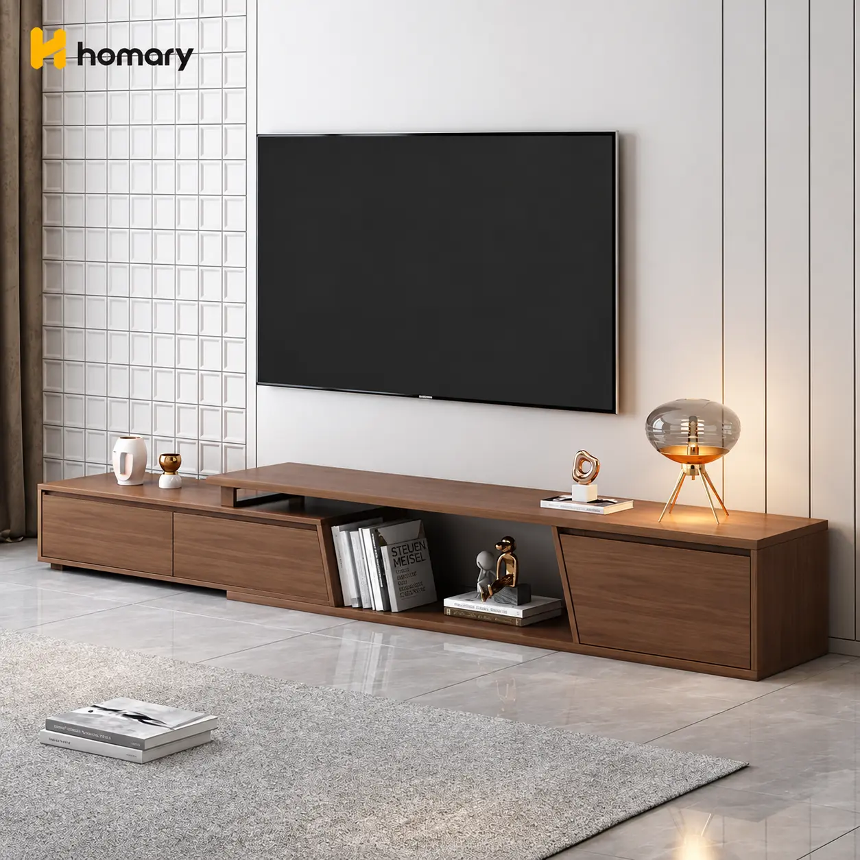Homary Minimalist Wood TV Stand - Furniture, Extendable Walnut Engineered Wood Console, Expandable Base Multimedia Center with 3 Drawers, Fits Up to 110-Inch TVs, Wood Tv Console