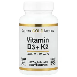 California Gold Nutrition Vitamin D3 + K2 as MK-7, 180 Veggie Capsules
