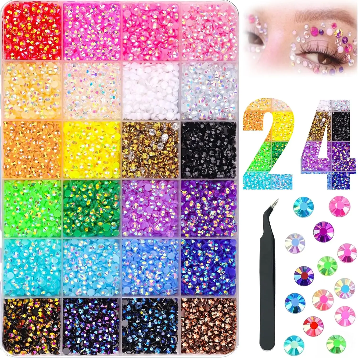 10000Pcs Resin Flatback Rhinestone Craft Kit, 24 Colors 3mm & 5mm AB Crystal Gems for DIY Crafts, Nail Art, Clothes, Phone Cases & Decoration