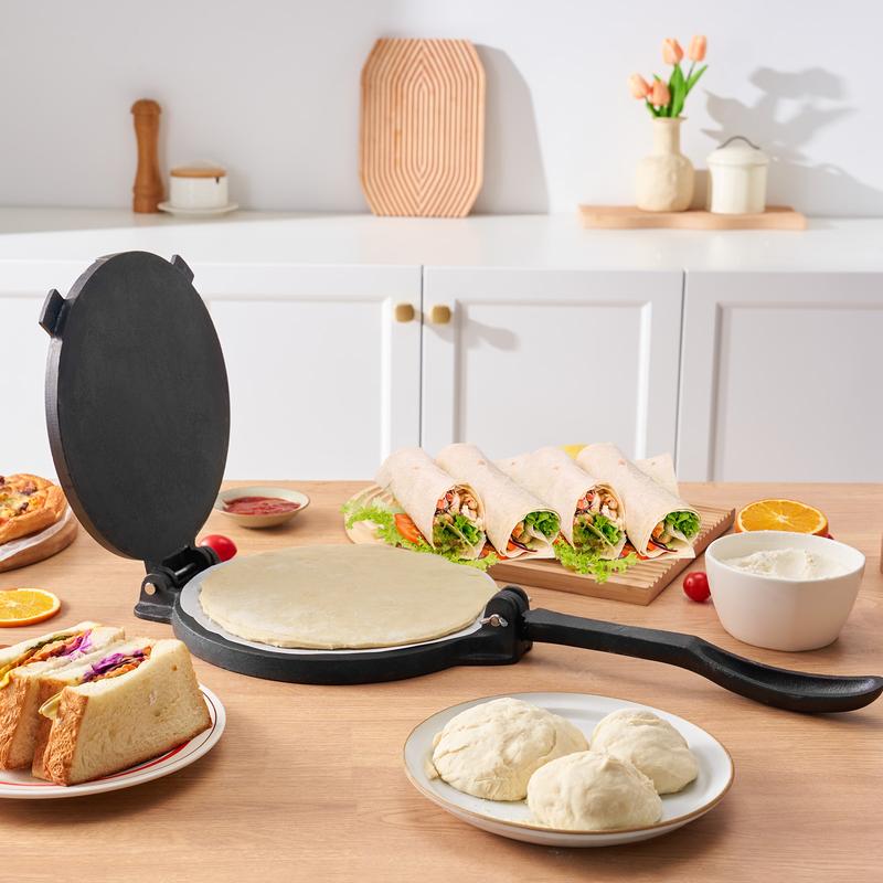 Tortilla Press, 10 Inch Tortilla and Roti Maker, Cast Iron Heavy Duty Tortilladora Press, Pre-Seasoned Pataconera Maker with 100 Pcs Parchment Paper, Dough Maker for Flour Tortilla, Tawa, Silver