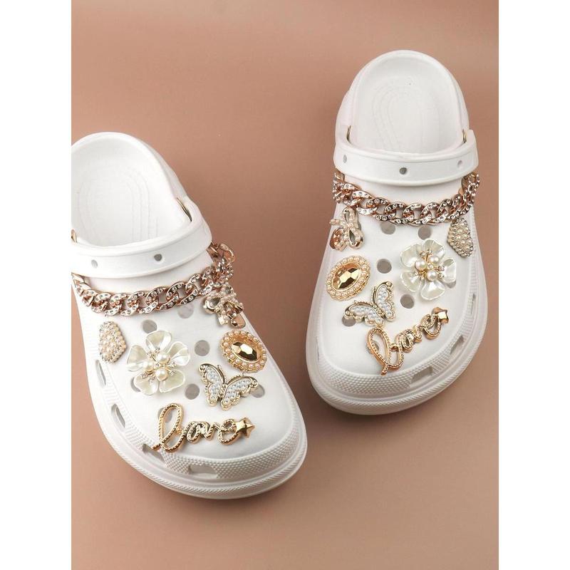 14pcs Fashionable Rhinestone & Letter Decorated Shoes Decorations, Chain & Bowknot Design Shoes Charm Rhinestone Shoes Charms For Vented Clogs Decoration