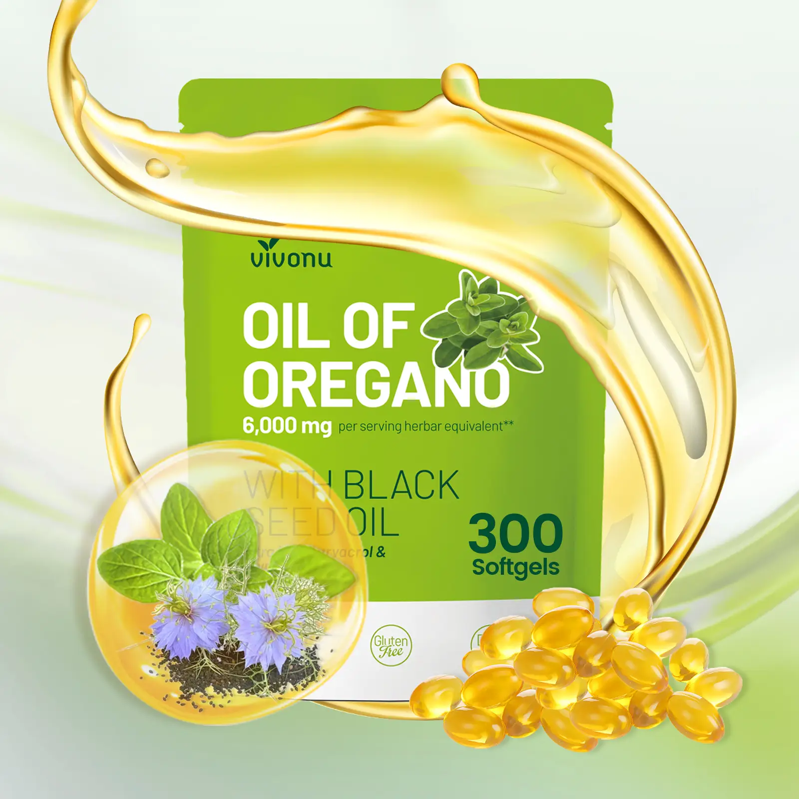 High-Potency Oil of Oregano 6000mg + Black Seed Oil 200mg | Organic Softgels for Fitness Support | 300 Count Gluten-Free Antioxidant Supplement