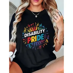 Women's Disability Pride T-Shirt, Rainbow Disability Icons Graphic Tee, Casual Pride Month Outfit for LGBTQ+ & Allies, Comfortable Black Short Sleeve Top for Daily/Parade Use 100% Cotton T-shirt
