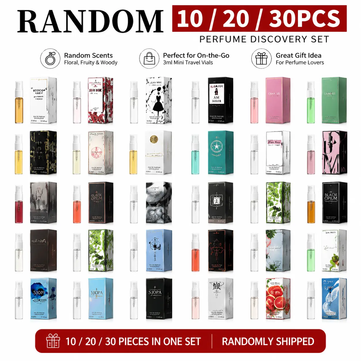 Perfume Discovery Sampler Set, 10-20-30 Piece 3ml Mini Travel Vials with Assorted Floral, Fruity, Woody Scents, Gift Set for Perfume Lovers, Mini Travel Products