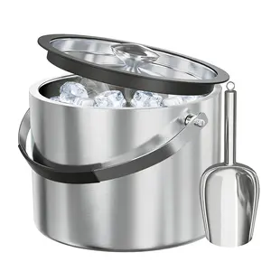 Garvee 3.0L 304 Stainless Steel Double-Layer Ice Bucket with Silicone Lid Ice Scoop & Silicone Handle Cover Silver 18×18×18cm Stainless Steel Ice Bucket for Home Party Bar