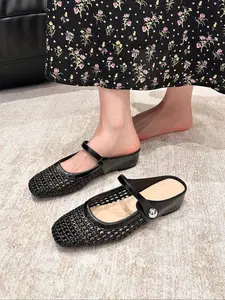Women's Square Toe Woven Hollow Out Casual Shoes, PU Leather Upper, Rubber Sole, Medium Width, All Season Fashion Sneakers