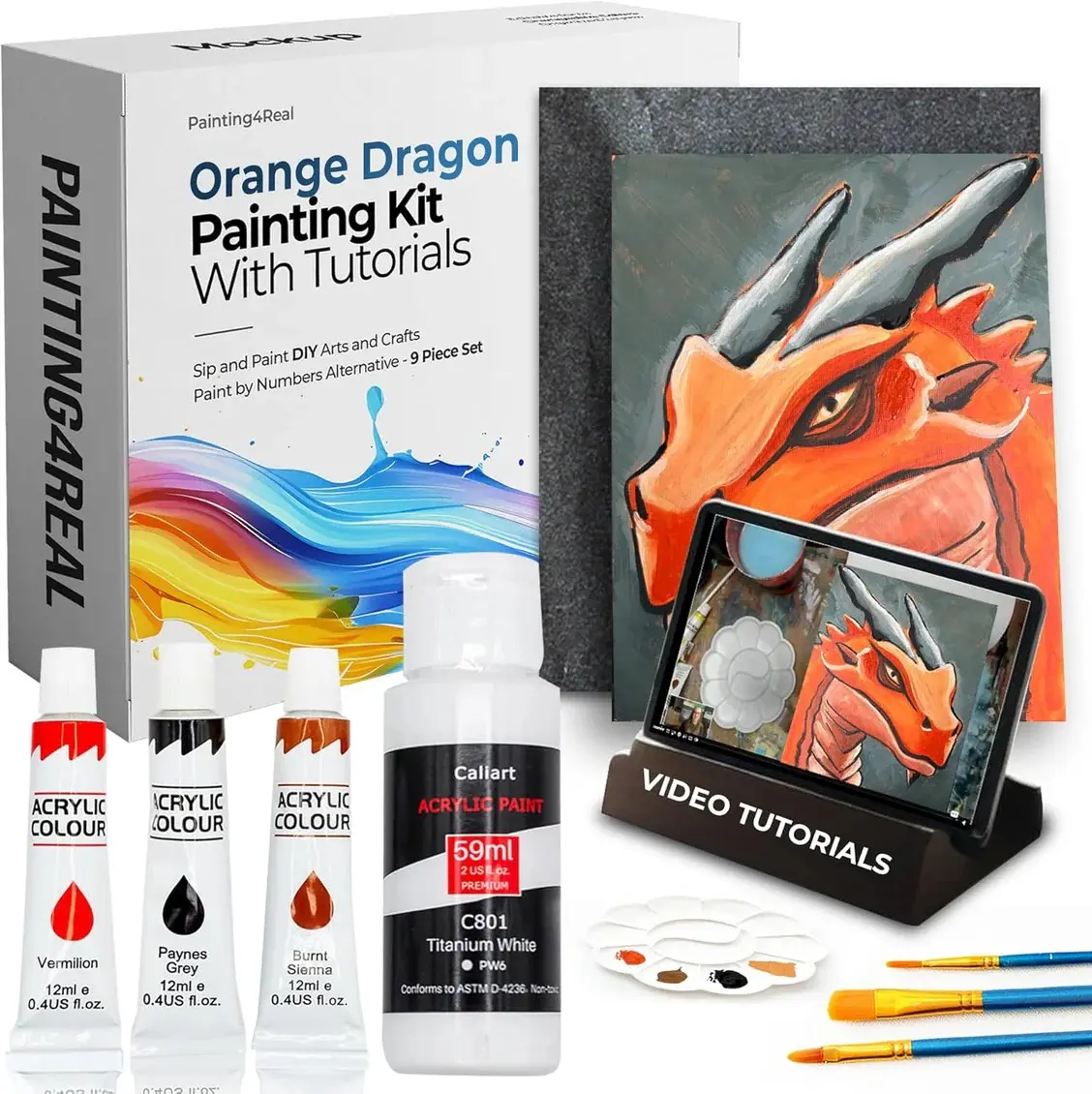 DIY Orange Dragon Acrylic Painting Kit with Video Tutorials - 9pc Art Set for Adults & Beginners