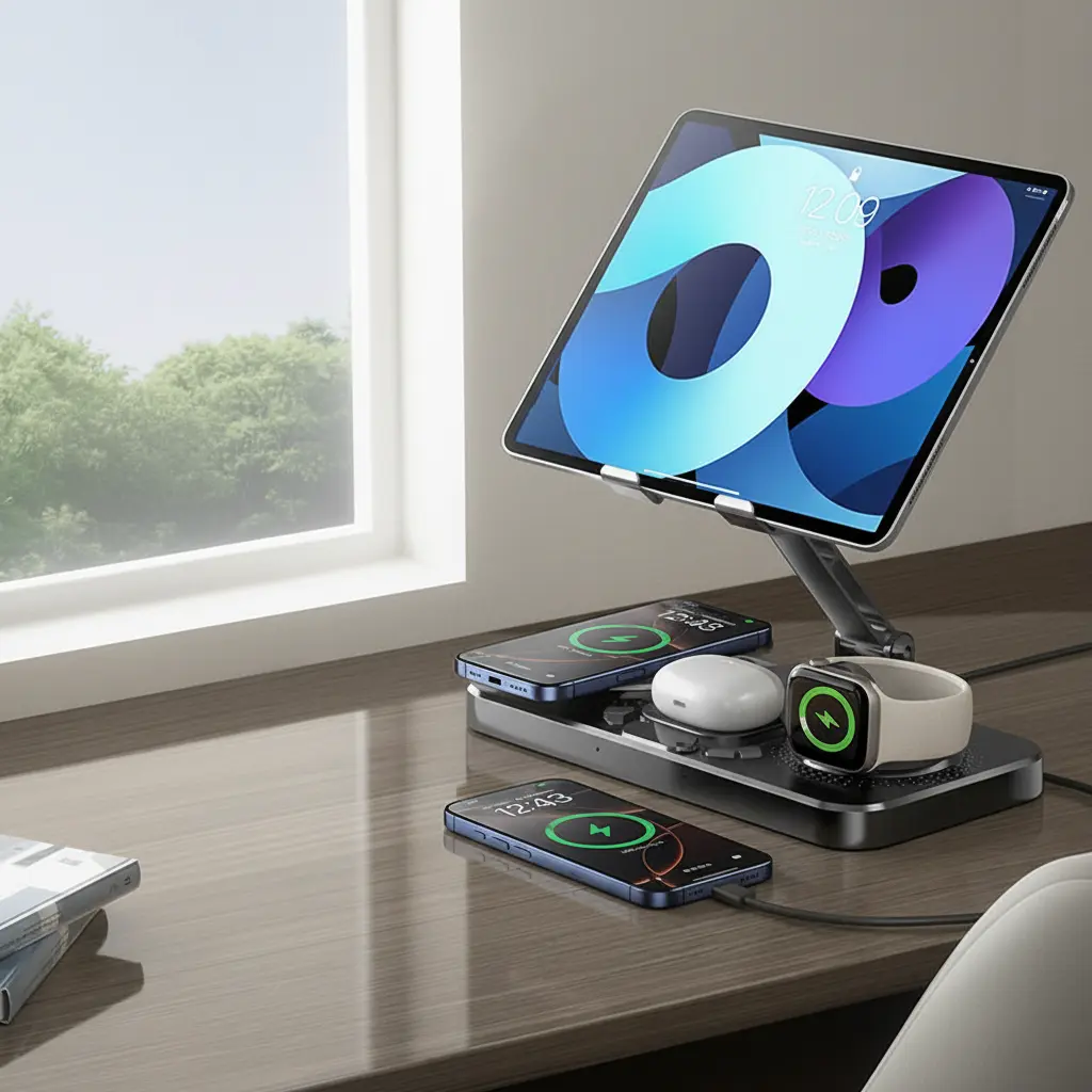 4-in-1 Adjustable Wireless Charging Station with LED Clock, Foldable Design, USB-C Connector, Multi-Device Compatibility for Android, Cable Management Desk Organizer Accessory for Office Use