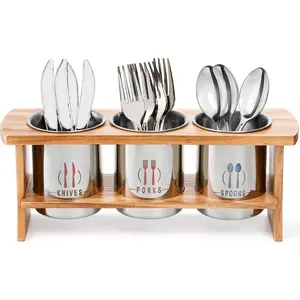 Silverware Holder for Countertop, Stainless Steel Cutlery Utensil Organizer with Bamboo Stand, Rustic Flatware Holder for Spoon,Fork,Knife