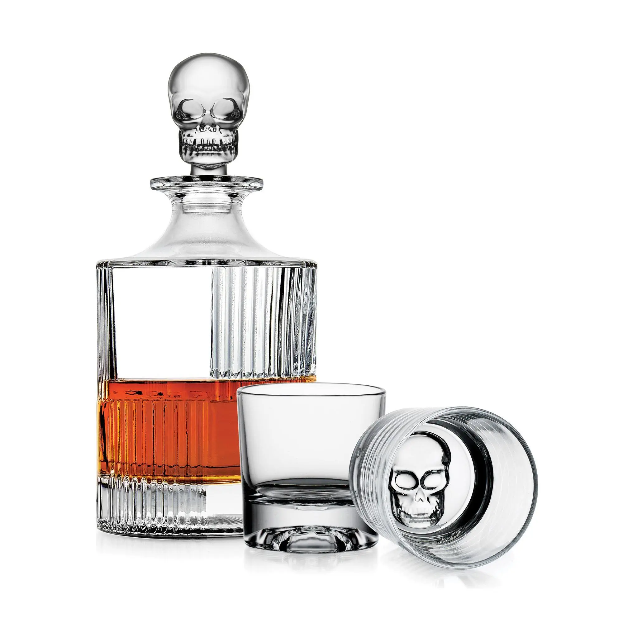 Godinger Skull 3 Piece Round Whiskey Decanter Set