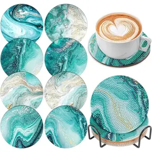 8 Pcs Teal Marble Ocean Clay Diamond Art Painting Coasters with Holder Tray, DIY Diamond Art Kits for Beginners, Home Supplies Craft Kits for Adults tiktokshopspringglowup