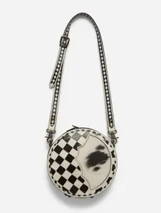 BLACK & WHITE CHECKERED TOOLED COWHIDE LEATHER CANTEEN CROSSBODY BAG