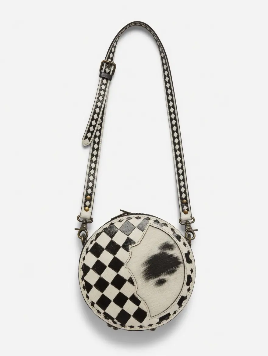 BLACK & WHITE CHECKERED TOOLED COWHIDE LEATHER CANTEEN CROSSBODY BAG