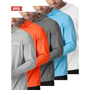 5PCS Men's Loose Letter Print Long Sleeve Hooded Rashguard, Quick Dry Sport Shirt, Lightweight Sun Protection Thumb Holes Top for Outdoor Activities, Workout Tops, Men's Sport & Outdoor Clothing for Fall & Winter, Gym Clothing Athletic Training Apparel Ou