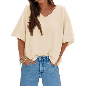Saodimallsu Womens Oversized Summer Sweater Half Sleeve Batwing V Neck Dolman Sleeve Trendy Casual Knit Tops tiktokshopspringglowup