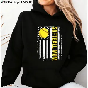 Softball Mom Long Sleeve Hoodie - American Flag Vintage Design for Casual Wear