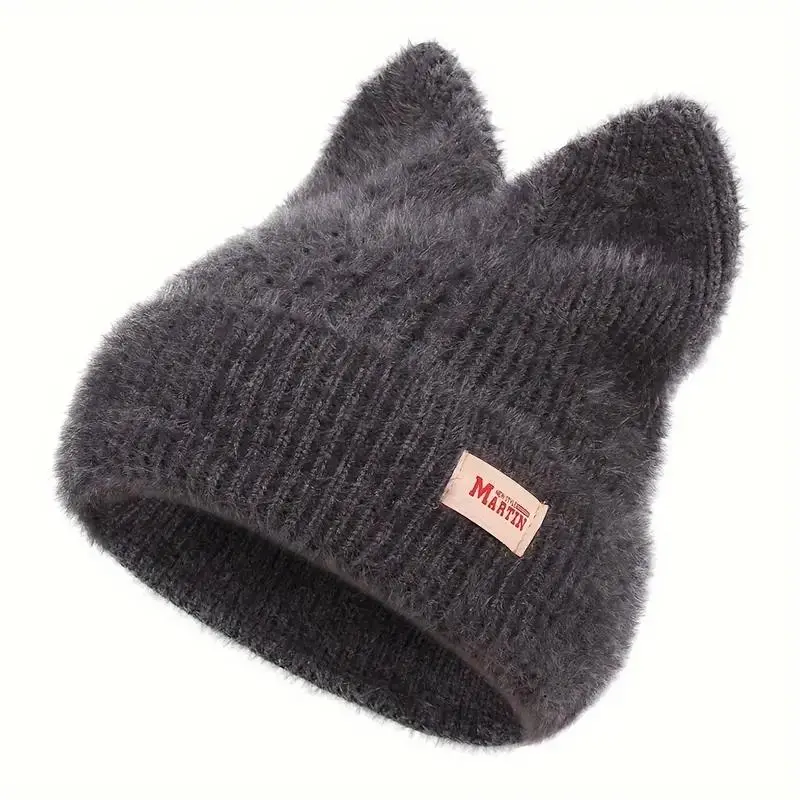 Women's Cute Cat Ear Design Knitted Beanie Hat, Soft Knit Ear Protection Hat, Winter Outdoor Sports Hat for Women & Girls