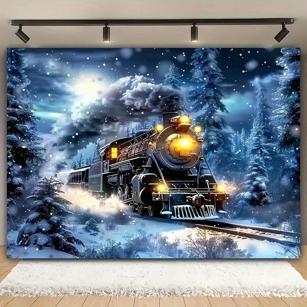 Winter Wonderland Steam Train Photo Booth Backdrop - 99.06x149.86cm Polyester Fabric Backdrop with Snowy Pine Trees, Moonlit Night, Snowfall for Christmas, Indoor Decor, Photo Booths
