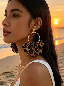 Vintage Leopard Print Fabric Hoop Earrings for Women, Statement Earrings, Trendy Round Hoops, French Romantic Style, Leopard Ruffle, Perfect for Parties & Gifts