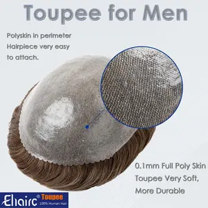 Ehairc Toupee for Men 0.1mm Full Poly Skin 6 Inch 100% Human Hair Wigs 130% Density Natural Look Gift for Father