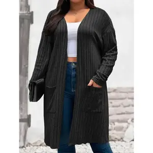 【Plus Size】 Solid Color Drop Shoulder Pocket Ribbed Cardigan, Casual Long Sleeve Open Front Knitwear for Fall & Winter, Women's Plus Clothing for Daily Wear, Womenswear