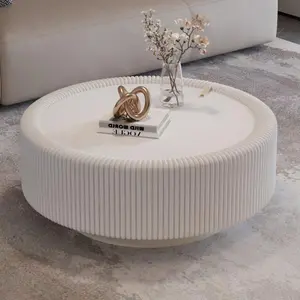 Bellemave  Round Fluted Coffee Table with Tempered Glass Top, PU Leather Body , Baked Enamel Metal Base & Hidden Storage , Modern Minimalist Accent Table for Living Room