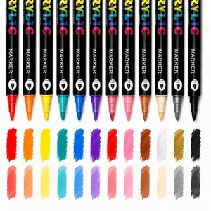 12Pcs Dual-Ended Two-Tone Acrylic Paint Marker Set (24 Colors Total), Double-Headed Graffiti Pens for Kids, Non-Toxic Art Supplies for Rock Painting, Canvas & DIY Crafts