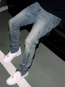 Men's Y2K Street Fashion Light Blue Distressed Jeans | Slim-fit Jeans with Ankle Zippers, Millennium Street Style Denim Pants, Essential for Urban Street Fashion