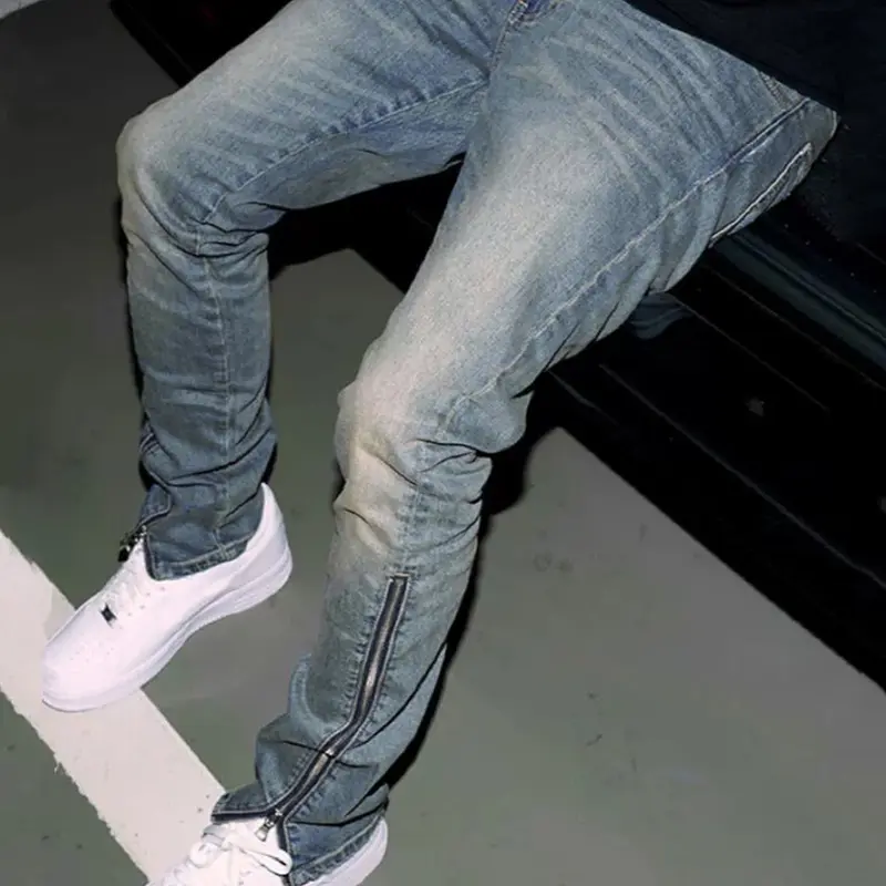 Men's Y2K Street Fashion Light Blue Distressed Fitted Jeans, Slim-fit Jeans with Ankle Zippers, Essential for Urban Street Fashion, Streetwear, Streetwear Vintage Jeans