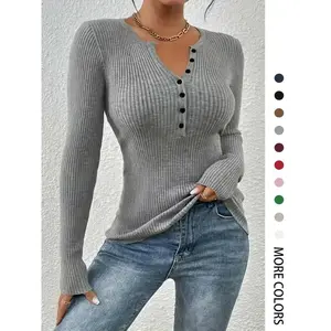 2026 Women'S Plain Button-Front Ribbed Sweater, Elegant Chic Slim Fit Long Sleeve Round Neck Jumper For Spring, Fashion Ladies' Knitwear For Daily Wear, Slim Fit Sweater For Women