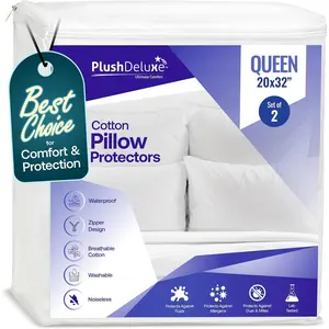 Pillow Protectors Queen Size 20”x32”, Set of 2 Zippered Pillow Encasements Made with Breathable Soft Cotton Terry Fabric, 100% Waterproof, Hypoallergenic, Bed Bug & Dust Mite Proof