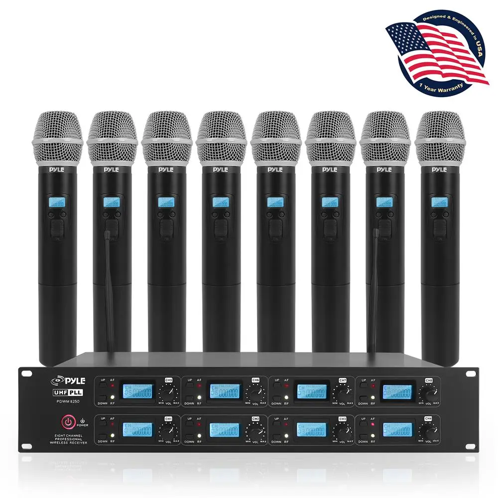Digital 8-Channel UHF Wireless Microphone System with 8 Belt-Pack Transmitters, 164 ft Range, LCD Display, Rack-Mountable Receiver, Adjustable Headset, Detachable Cable, Adapter, Audio Lights for Electronics Audio & Video Setup, Xlr