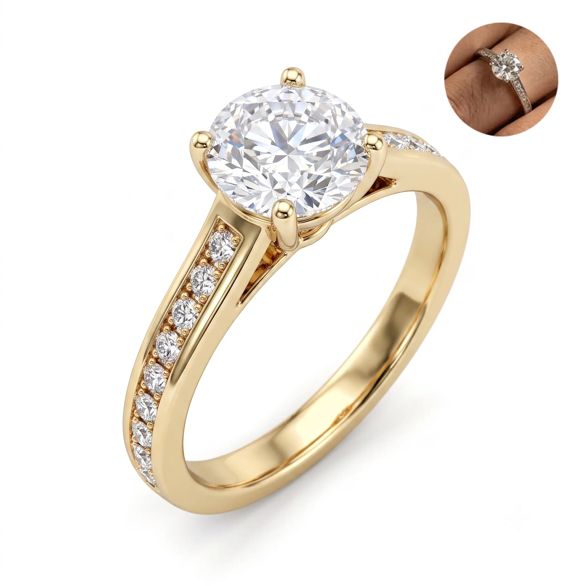 Classic Round Brilliant Cut Gem Engagement Ring with Pavé Setting for Women - Bridal Anniversary and Promise Statement Jewelry