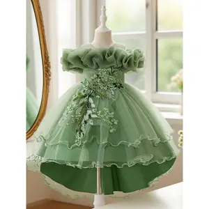 Girl's Dress, Elegant Sleeveless Dress for Party Wedding Guest, Princess Quince Dresses, Quinceaneras Dresses, Ruffle Trim Dress, Dresses for Summer, Layered Tulle Dress, Tulle Overlay Dress, Embroidered Tulle Dress, Floral Dress