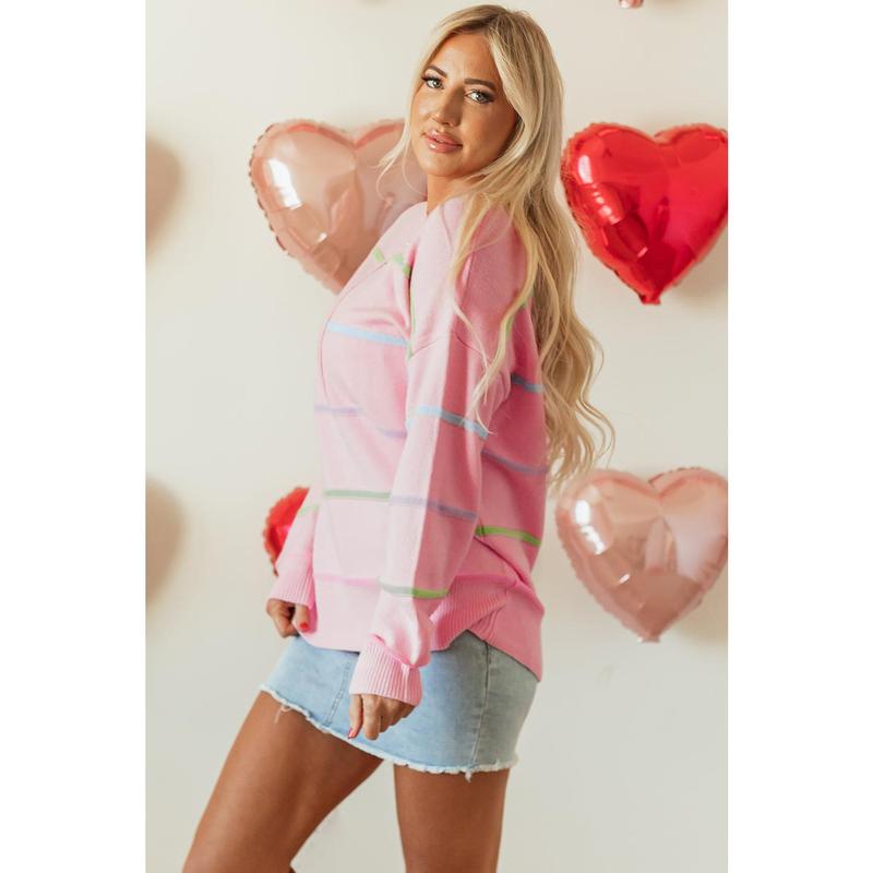 Pink Rainbow Stripes Drop Shoulder Baggy Henley Sweater