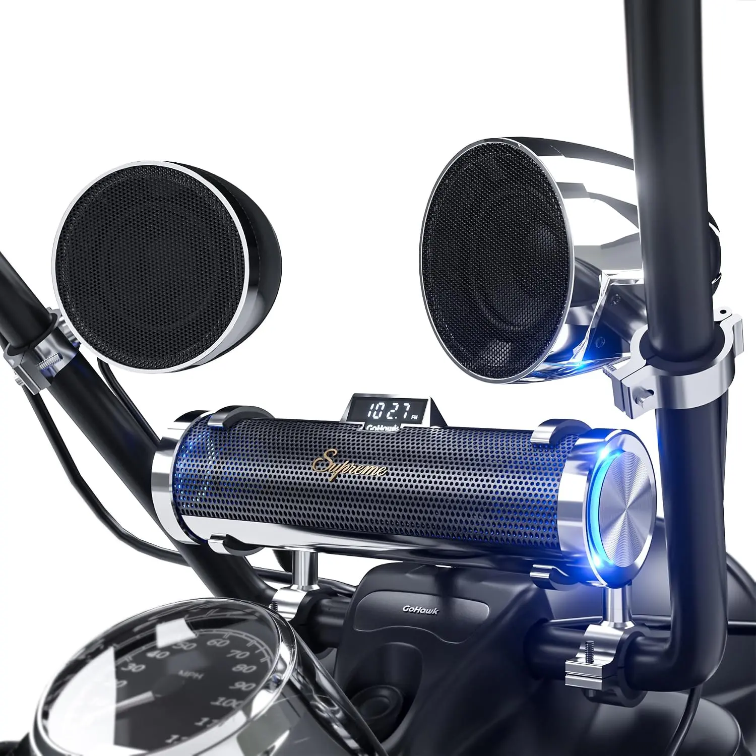 GoHawk Bluetooth Motorcycle Speakers Waterproof 8-Speaker Motorcycle Radio | 600W Aluminum Sound Bar, 4.25 Inch External Speakers, LED light, FM Radio/USB/AUX, Remote Control, Perfect for Harley ATV