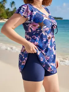 Plus Size Two-Piece Swimsuit Set, V Neck Short Sleeve Drawstring Top, High Waist Briefs, Floral Print, Pool Party Casual Vacation Style