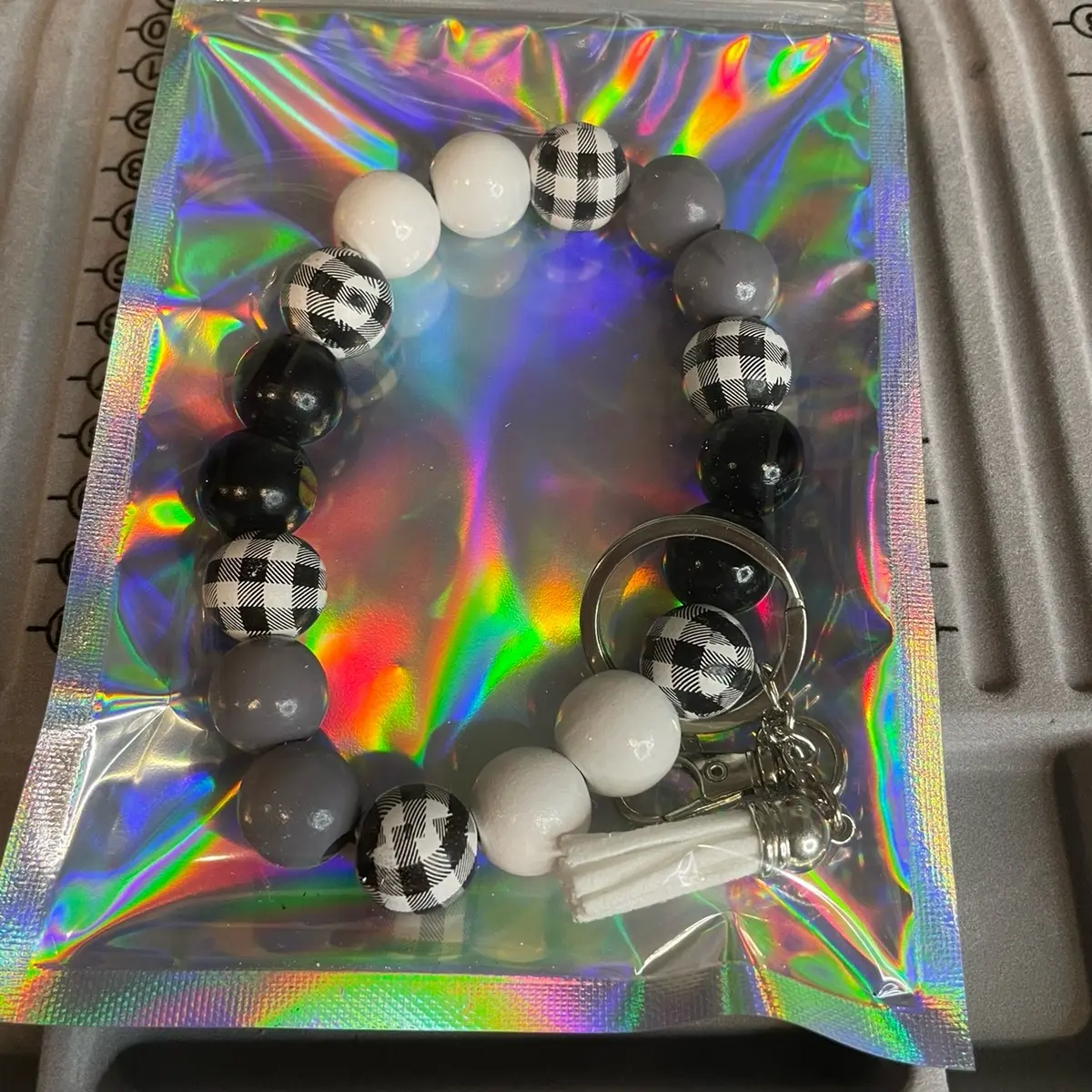 Black and White Checkered Wooden Bead Wristlet Keychain